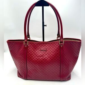 Auth Gucci Large Red Microguccisima Monogram Embossed Leather Joy Tote Bag Ex+
